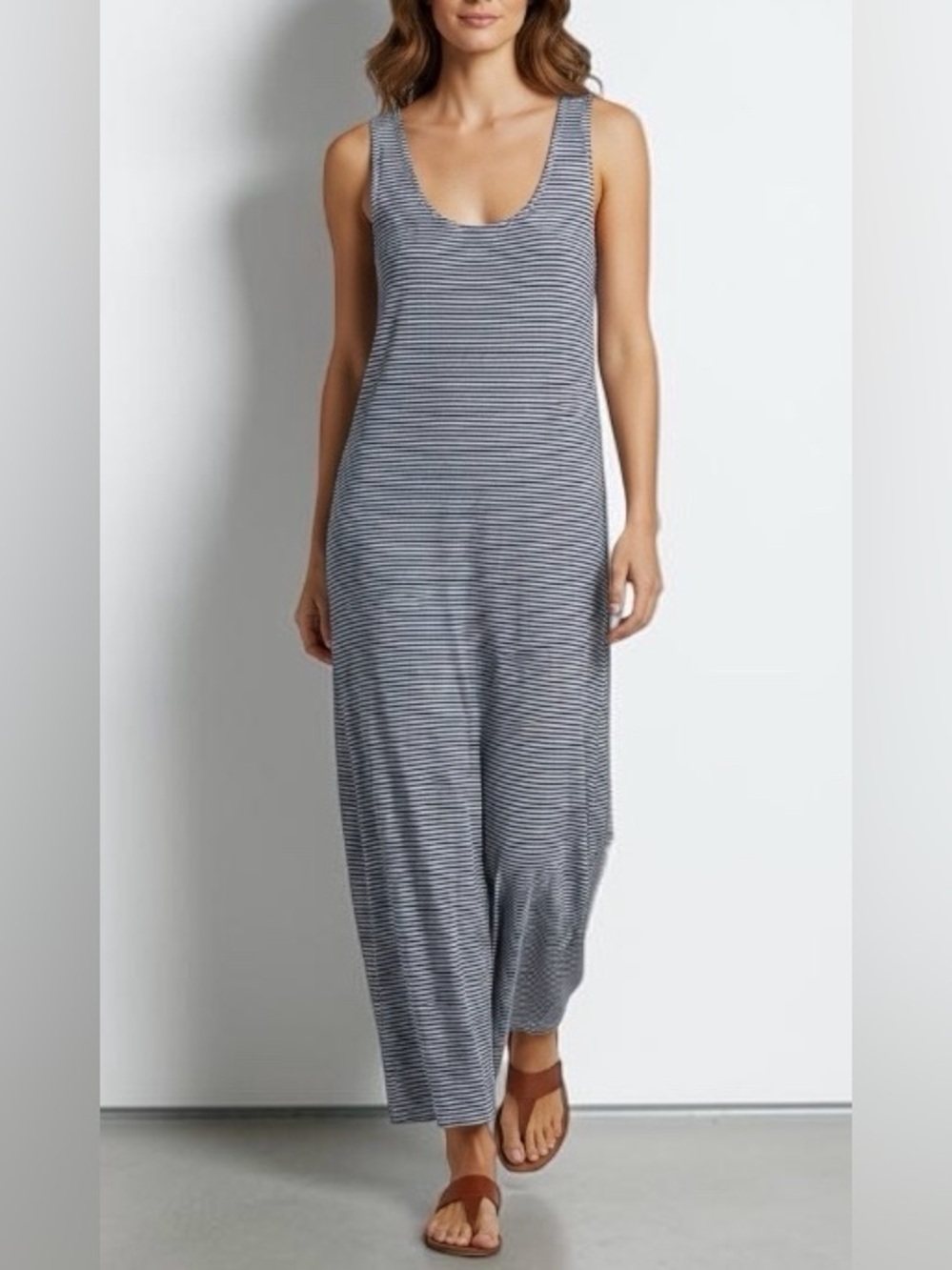 bryn Walker Sleeveless Navy and Lavender Striped Maxi Dress